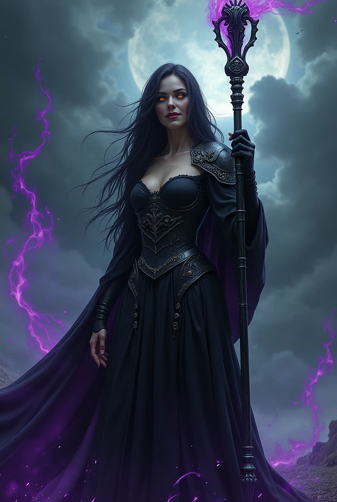 (photoralism:1.2), Very detailed, Ultra-high resolution, High Contrast, masterpiece, realistic, Scary stormy scene, pretty woman, golden eyes, frightening black dress with armor, witch, purple magic, intricate staff with purple magic, evil, commanding, wicked grin, streaks on eyes