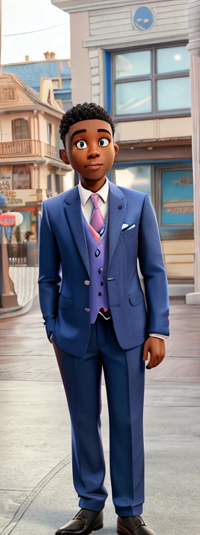 black male, in blue suit, pink necktie, Disney  style, high quality