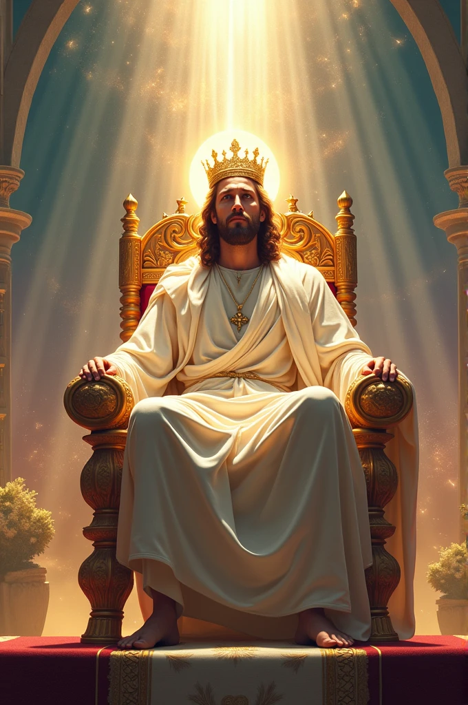 Draw paradise with Jesus sitting on his throne and crowned as king