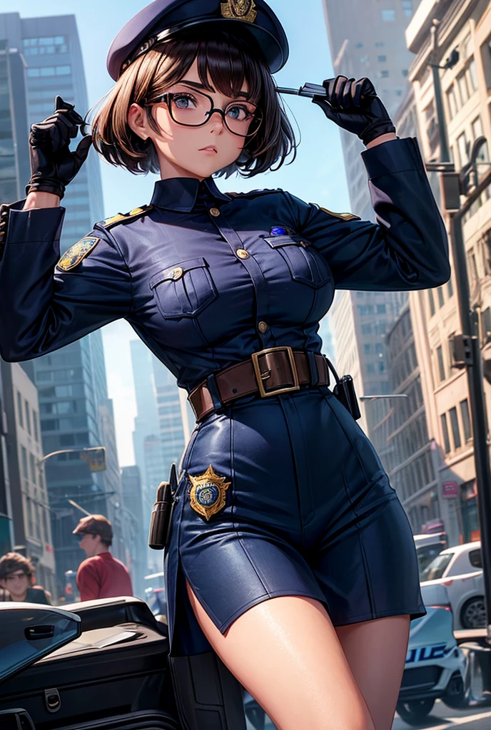 A detailed image of Velma from Scooby-Doo, reimagined as a police officer. She’s wearing a standard police uniform, consisting of a dark blue shirt with a badge pinned to the chest, matching pants, and a utility belt with various tools, including handcuffs and a radio. Over her shirt, she has a black bulletproof vest, slightly bulky but functional. Velma’s signature round glasses are perched on her nose, and her short brown hair is neatly styled. She’s wearing a police cap, with the brim casting a slight shadow over her determined eyes. In one hand, she holds a notepad or a police report, and in the other, she has a flashlight or walkie-talkie, ready for action. Her expression is serious and focused, embodying the role of a diligent and analytical officer. The background might show a city street or a police station, adding to the atmosphere of law enforcement and investigation, while still highlighting Velma’s sharp intellect and no-nonsense attitude.