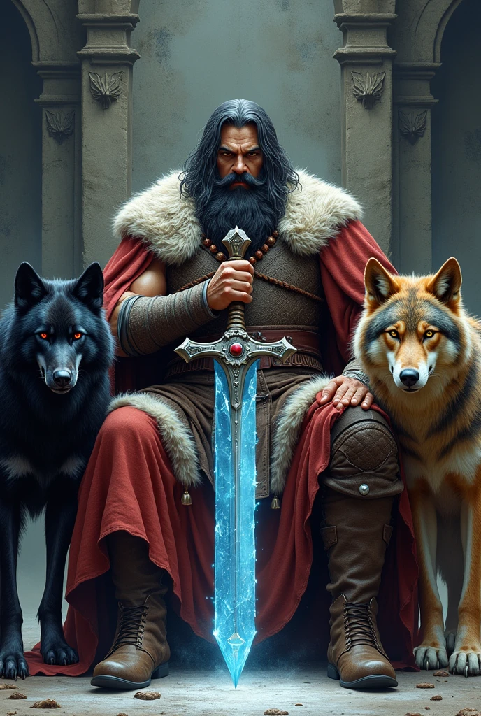 barbarian king, middle-aged, sitting on his throne, adorned with animal skins and rubies. The king has black hair and a beard. with his right hand he holds a crystal blue ice sword. The king is accompanied by three wolves. The first wolf having black fur and red eyes. The second wolf is all brown and black with yellow eyes.. The third wolf of gray and brown and yellow eyes.