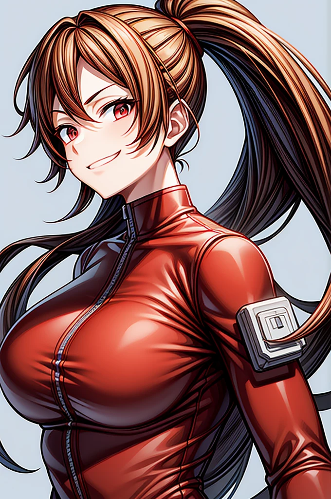 solo, alone,  original design, red bodysuit, padded suit, white lab coat, brown hair, medium hair, ponytail, red eyes, smirk, amused, huge breasts