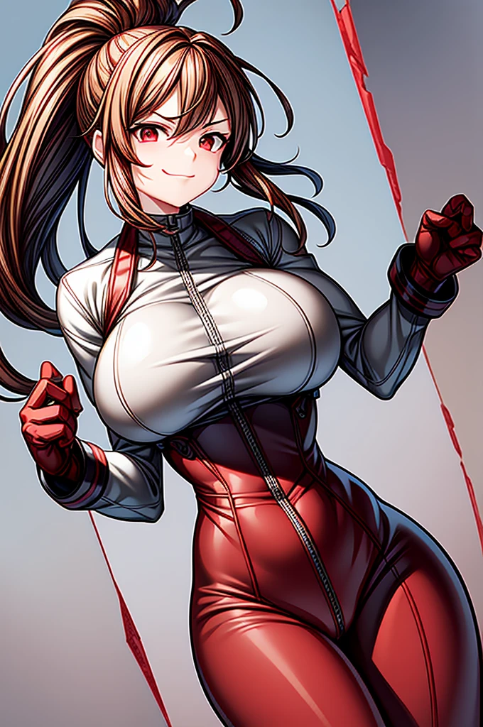 solo, alone,  original design, red bodysuit, padded suit, white lab coat, brown hair, medium hair, ponytail, red eyes, smirk, amused, huge breasts