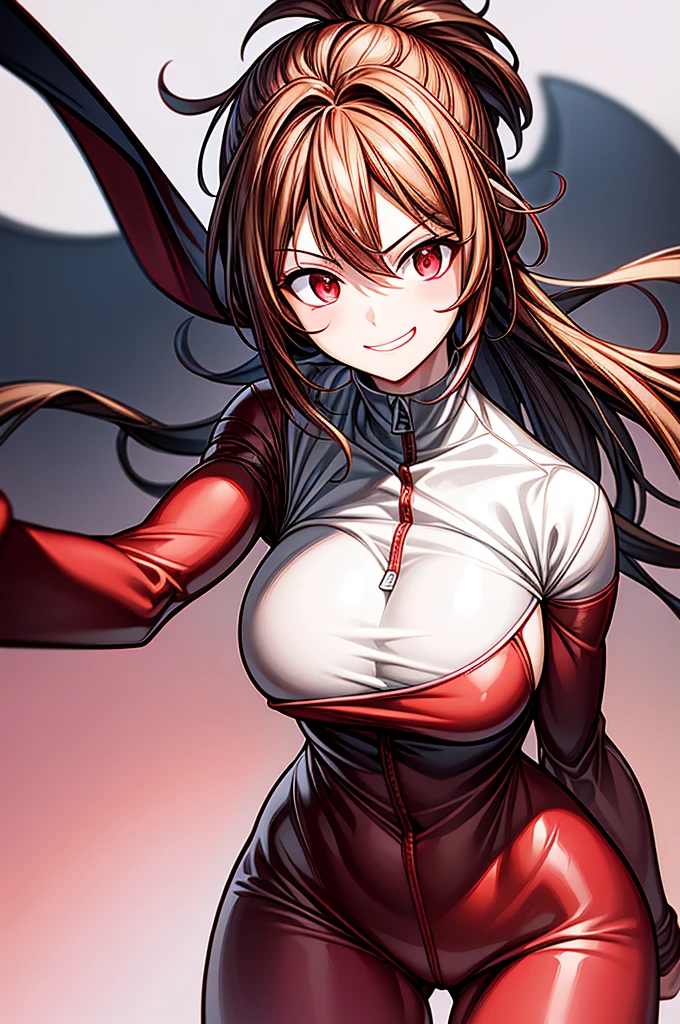 solo, alone,  original design, red bodysuit, padded suit, white lab coat, brown hair, medium hair, ponytail, red eyes, smirk, amused, huge breasts