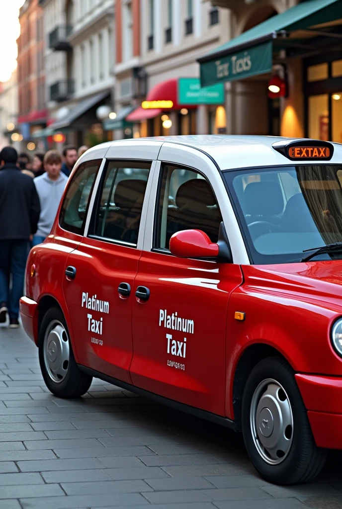 Modern red taxi with white roof on the doors says platinum taxi picking up people outside a Liverpool shopping mall waiting in line for a taxi
