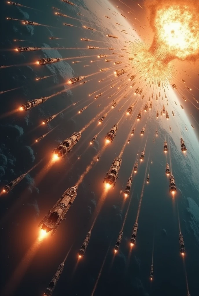 Flat: Flat General
Descripción: The camera rises again, showing the vast fleet of alien ships approaching Earth at high speed. The screen shows the triumphant entry of the fleet into the Earth's atmosphere, The ships glow with a menacing brilliance as they break the sound barrier.
Angle: Low angle sound: The music reaches a dramatic crescendo. Ambient sound: Dull sound of an explosion. (Sound similar to breaking the sound barrier).