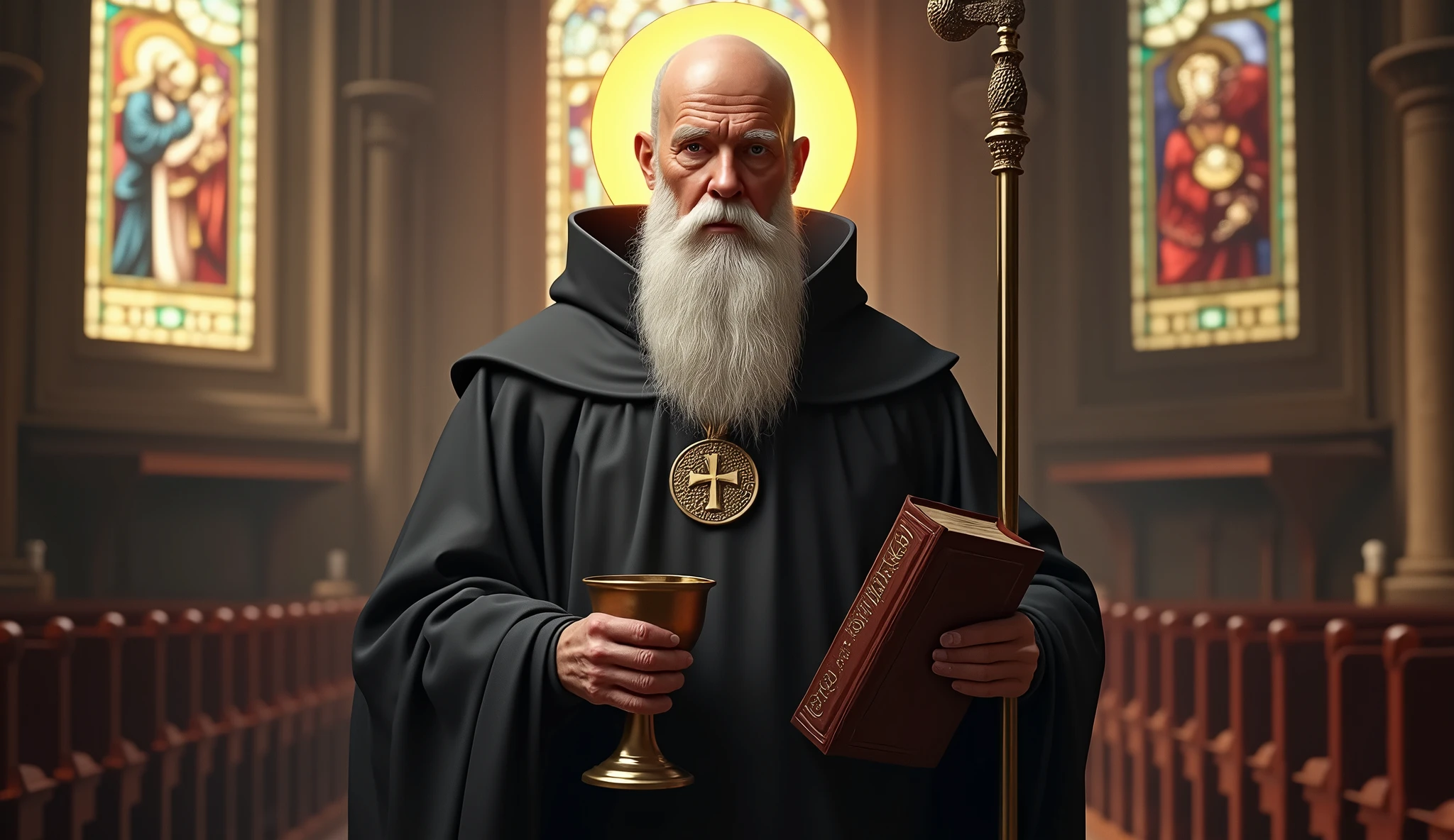 ultra realistic image of bald saint benedict with a long white beard, black cloack, calm and firm look, with his medal with the cross of Saint Benedict, a bronze chalice and a bronze staff with a snail's tip, in the pocket a bible, around his head a lighted halo, convey depth, in the background stained glass windows of a European church