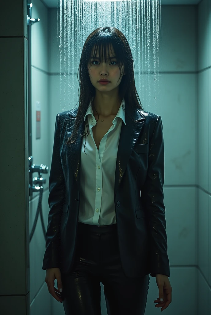 30 yo female office worker taking shower in her clothes, ((three piece suit)), , shirt, jacket, waistcoat, pants, ((wet clothes)), soaked, drenched, drenched clothes, bubbles, steam, water on skin, (dripping water), translucent, round face,  photographic quality, masterpiece, 8k, indoors, late night