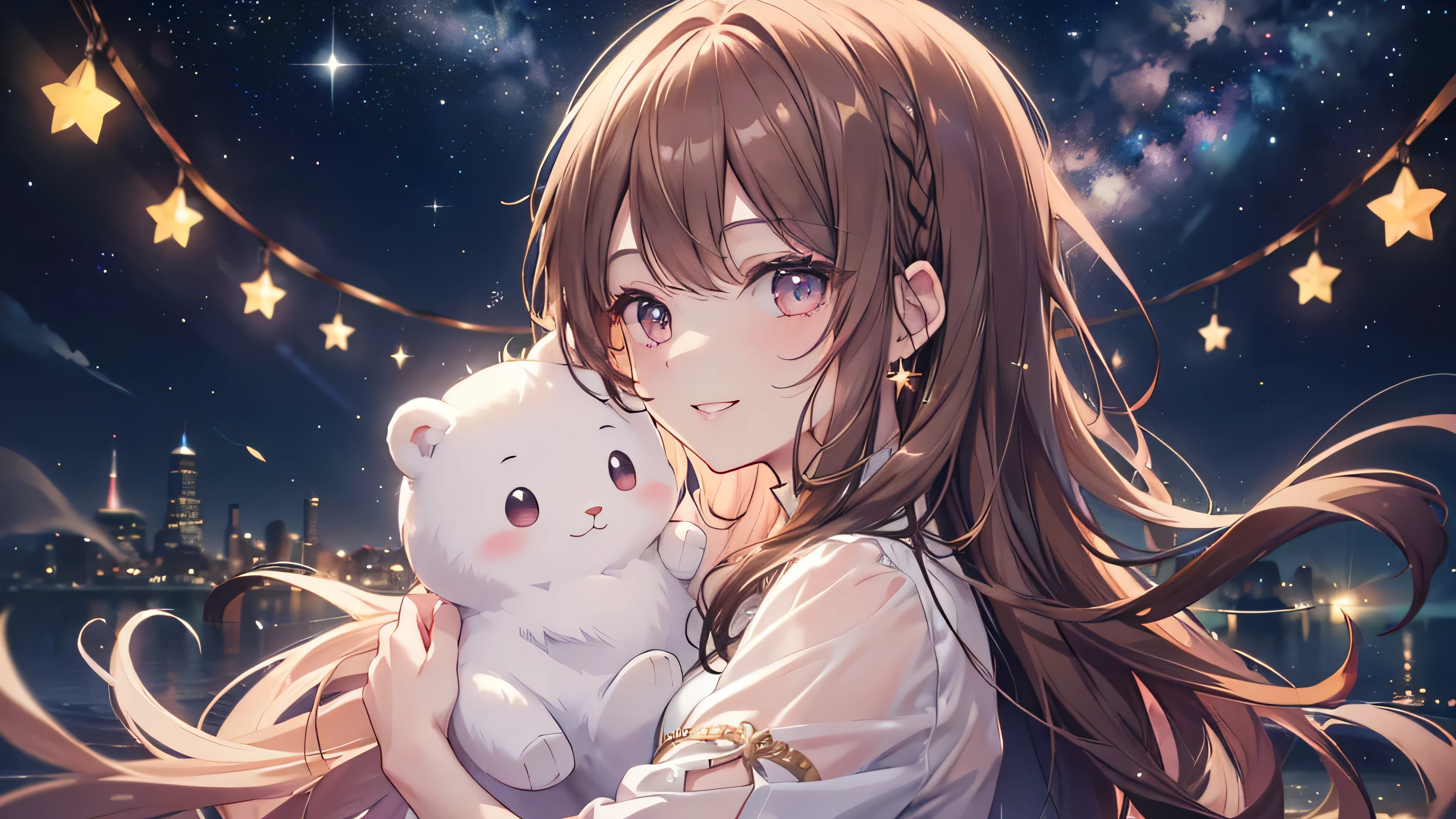 ((Highest quality、masterpiece、Ultra-fine、Ultra-fine、Exquisite、Golden Ratio,16K、Brown Hair,The best smile,Full HD、 The night your smile shines )), (profile,One person))Long eyelashes、White skin、(Pale pink lips、Pale pink cheeks、thin and long)、((One person)),birthday,Your smile shines like the stars in the night sky