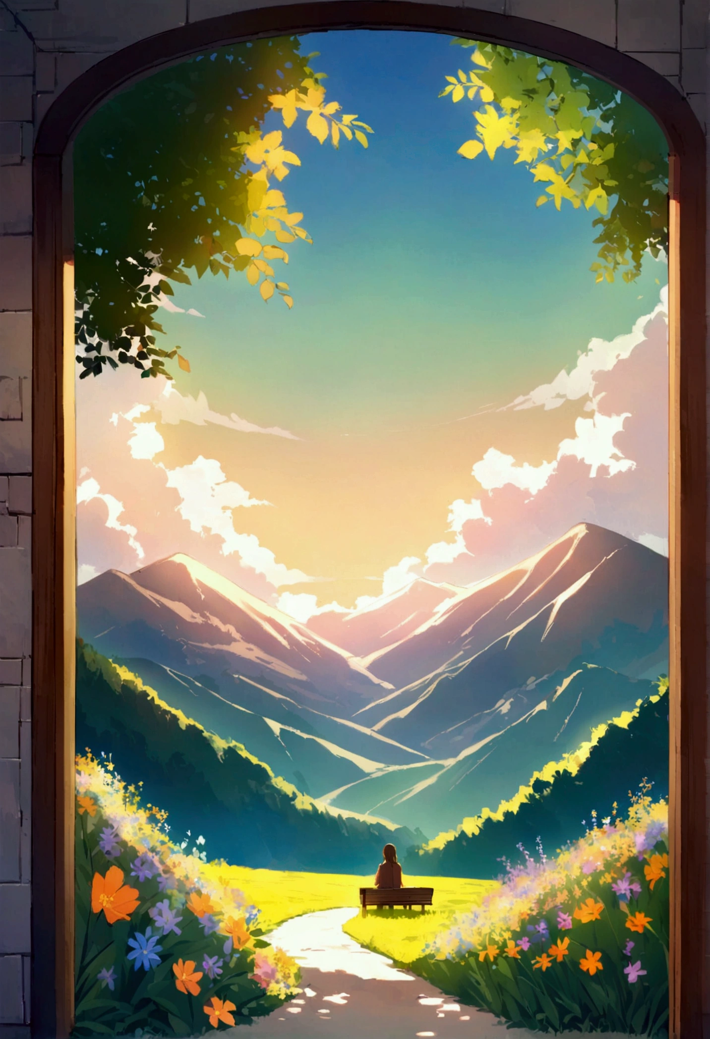 The scene is set in a tranquil mountain landscape with a gentle, sloping valley below. The mountain, covered in lush greenery and dotted with wildflowers, rises majestically in the background, while the valley unfolds in the foreground with a soft, welcoming descent. A rustic wooden bench, positioned at the edge of the valley, offers a perfect viewpoint, its aged wood adorned with intricate carvings reflecting traditional craftsmanship. Delicate, wooden safety railings run along the valley's edge, crafted to blend seamlessly with the natural environment and accented with subtle, vine-like carvings. These railings are strategically placed to ensure safety without obstructing the view, following the valley's contour harmoniously. The scene includes a variety of colorful wildflowers adding vibrant splashes of pink, blue, yellow, and purple to the meadow, and tall, ancient trees with thick foliage creating dappled shadows over the bench and railings. Set during the golden hour of late afternoon, the sky is painted in soft hues of orange, pink, and lavender, transitioning to a deeper blue towards the horizon, with fluffy, white clouds floating lazily. Warm, golden sunlight bathes the entire scene, casting long, gentle shadows and highlighting the textures of the wood, leaves, and flowers. The mood is tranquil and reflective, inviting viewers to imagine themselves sitting on the bench, breathing in the fresh mountain air, and losing themselves in the beauty of nature. The color combination features earthy greens and browns from the grass, trees, and wooden elements, with pastel accents from the wildflowers and a gradient of warm and cool tones in the sky, enhanced by golden highlights from the sunlight. To execute the illustration, start with the sky, using a gradient from deep blue at the top to warm orange near the horizon, adding soft, rounded clouds. Paint the mountain with layers of green, adding rocks and patches of wildflowers for depth and texture.