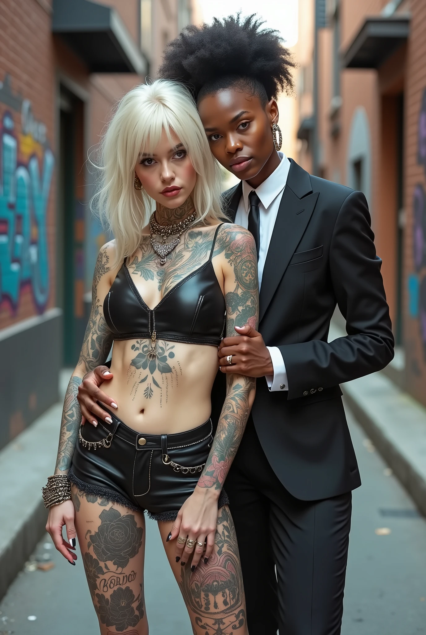 Two russian old milf women: the dominant aggressive dark skinned black woman in business pinstripe suit (jacket and trousers), black heeled shoeslong nails and afro hair, standing up with separated legs and possessive stance showing off her new white girlfriend to the camera (arm around her girlfriends' shoulder squishing her back tightly, and grabbing tightly the white woman arm with her other hand, like a predator on her prey). Next to her, her white rich drunk girlfriend looks at the camera  (white woman is very pale: pale face, pale neck, pale chest, pale arms, pale hands, pale stomach, pale leg), white woman stretches her neck and looks at the camera  feeling overwhelmed by her girlfriend. white woman leans on her girlfriend , feeling needy.  white woman is being seduced. White woman stands up with separated legs, White woman"s body is twisted and unstable, the hands of white woman are on her belt. White woman dresses in  rock chic style: Black studded leather thong with white seams, platinum blonde hair (pouf, top bun, wide colourful bandana as headband) and oversized square sunglasses as headband. Big lips with no makeup. White woman wears Black studded leather push up bra and has big breasts. Barefoot.. Lots of thick wide studded bracelets in the wrists of the white woman, big pearl necklaces around the neck of the white woman, and big rings, Pearl earrings. Wide loose studded belt with big solid buckle. Loose chains and studded belts around the hips of the white woman. White woman is lazy, leaning on her girlfriend.. The white woman is densely tattooed on neck, tattoed chest, tattoed arms, tattoed stomach, tattoed legs, wrists and feet. White woman has well Toned abdominals, thin neck, slim legs and thin arms. White woman has Narrow hips and noticeable tigh gap. The body of the white woman is twisted in a lazy posture. Full body. On a narrow street with graffitied walls 