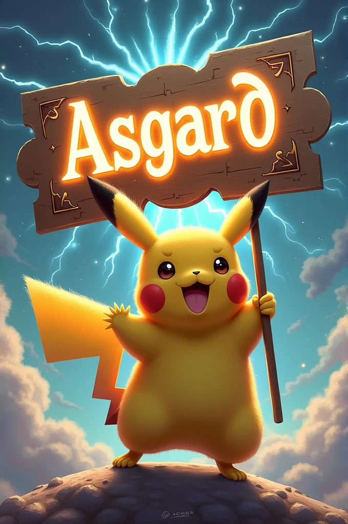 PIKACHU HOLDING A VERY EYE-CATCHING SIGN WITH THE NAME ASGARD