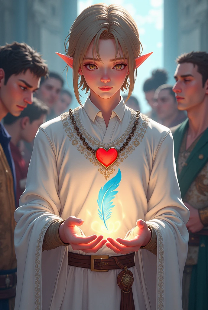 a young half-elf man with delicate, feminine features and shoulder-length light brown hair.
wearing white medieval clothing with a symbol of a light blue feather over a red heart drawn on the clothes at chest height.
using healing magic on injured people in medieval anime cartoon style