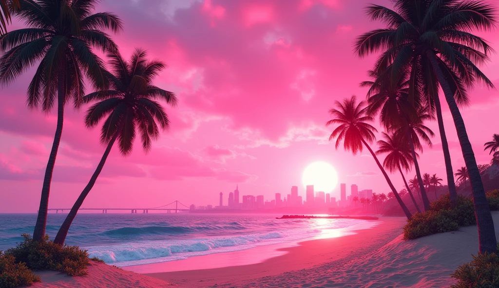 Vice City GTA, pink sky background with palm trees and a beach