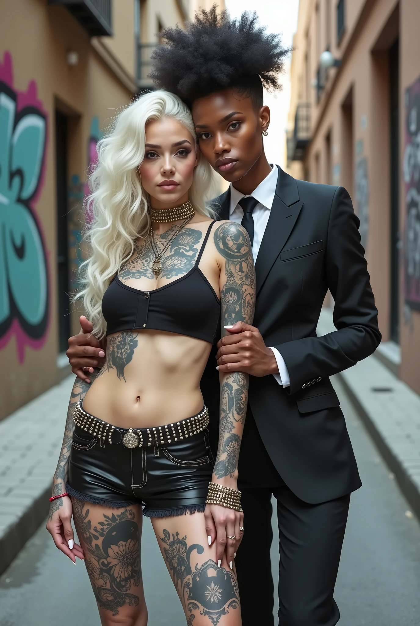 Two russian old milf women: the dominant aggressive dark skinned black woman in business pinstripe suit (jacket and trousers), black heeled shoeslong nails and afro hair, standing up with separated legs and possessive stance showing off her new white girlfriend to the camera (arm around her girlfriends' shoulder squishing her back tightly, and grabbing tightly the white woman arm with her other hand, like a predator on her prey). Next to her, her white rich drunk girlfriend looks at the camera  (white woman is very pale: pale face, pale neck, pale chest, pale arms, pale hands, pale stomach, pale leg), white woman stretches her neck and looks at the camera  feeling overwhelmed by her girlfriend. white woman leans on her girlfriend , feeling needy.  white woman is being seduced. White woman stands up with separated legs, White woman"s body is twisted and unstable, the hands of white woman are on her belt. White woman dresses in  rock chic style: Black studded leather thong with white seams, platinum blonde hair (pouf, top bun, wide colourful bandana as headband) and oversized square sunglasses as headband. Big lips with no makeup. White woman wears Black studded leather push up bra and has big breasts. Barefoot.. Lots of thick wide studded bracelets in the wrists of the white woman, big pearl necklaces around the neck of the white woman, and big rings, Pearl earrings. Wide loose studded belt with big solid buckle. Loose chains and studded belts around the hips of the white woman. White woman is lazy, leaning on her girlfriend.. The white woman is densely tattooed on neck, tattoed chest, tattoed arms, tattoed stomach, tattoed legs, wrists and feet. White woman has well Toned abdominals, thin neck, slim legs and thin arms. White woman has Narrow hips and noticeable tigh gap. The body of the white woman is twisted in a lazy posture. Full body. On a narrow street with graffitied walls 