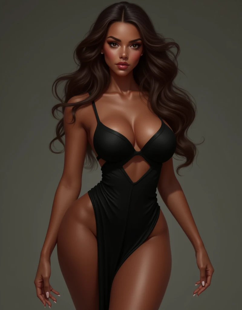 Beautiful girl with wavy hair, dark long hair, Her skin is brown, black dress and bra. tall and with big breasts and a curvy body