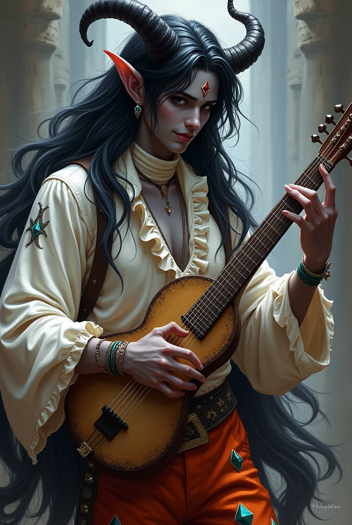 A handsome young tiefling bard with dark gray skin, with two horns, one horn is broken. He is wearing a white turtleneck shirt with a turn-down collar and ruffles., bright pants with diamonds and patches. He plays the lyre, smiling. He has long black hair and black eyes.. There are several earrings in his ear.