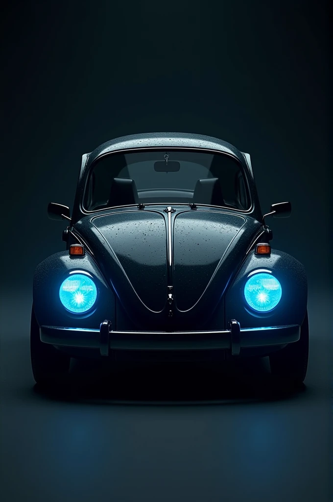 Create an image with a black background,of a black Beetle from 1980,looking from the front of the car,with the blue headlights