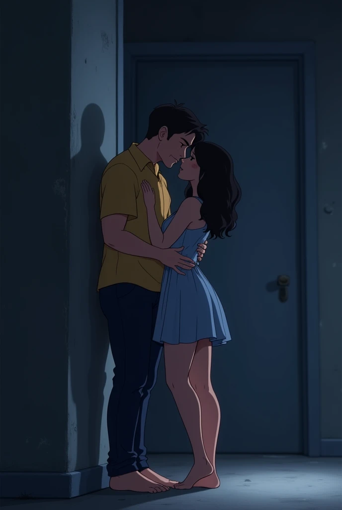 A picture of a couple having their first kiss in a room under construction he is a little bit taller than her together with their black hair he with a yellow shirt and she with a short pink shirt It was in the dark he was leaning against the wall make them animated he hugging her and they have their eyes closed put a blue dress on the girl Like this but her dress is all blue and short and it&#39;s at night That&#39;s it just take off the pink from the girl her whole dress is light blue