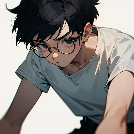 ((best quality)), ((masterpiece)), (detailed), perfect face, 1boy, solo, young, scared, clear background, white shirt, eyeglasses, black eyes, black hair, short hair, ((WholeBody))