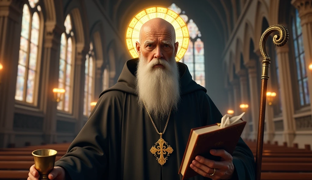 ultra realistic image of bald saint benedict with a long white beard, com 55 anos, black cloack, calm and firm look, with his medal with the cross of Saint Benedict, a bronze chalice and a bronze staff with a snail's tip, in the pocket a bible, around his head a lighted halo, convey depth, in the background stained glass windows of a European church