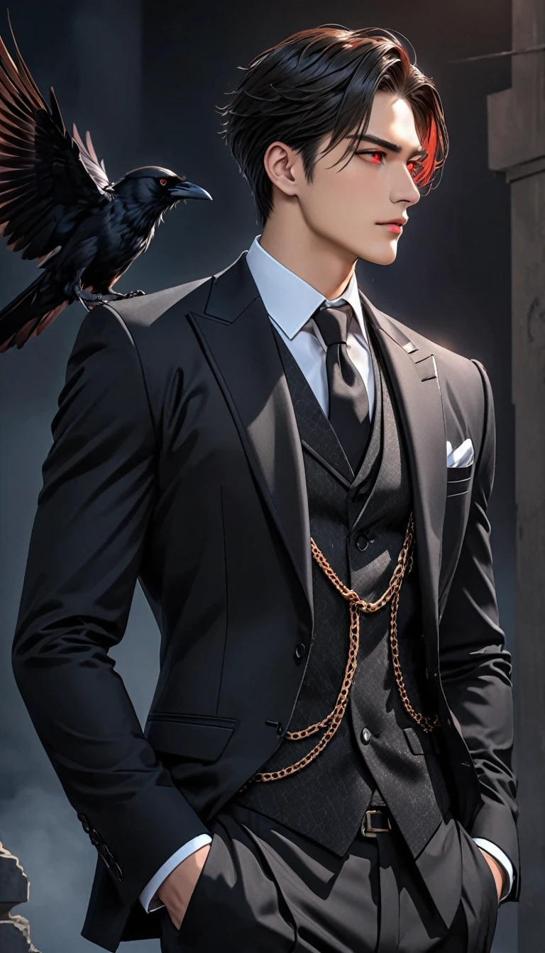 Masterpiece, 8k, HDR, best quality, ultra-detailed, aesthetic, dark vibes, man about twenty years old, handsome, his ruby-red eyes glowed, sharp gaze, tall, standing cool, side angle, close-up, wearing vest and black suit, the chain attribute on his suit adds to the glamorous impression, broad chest, hand in trouser pocket pose, dark grave background in the night with crow fly.