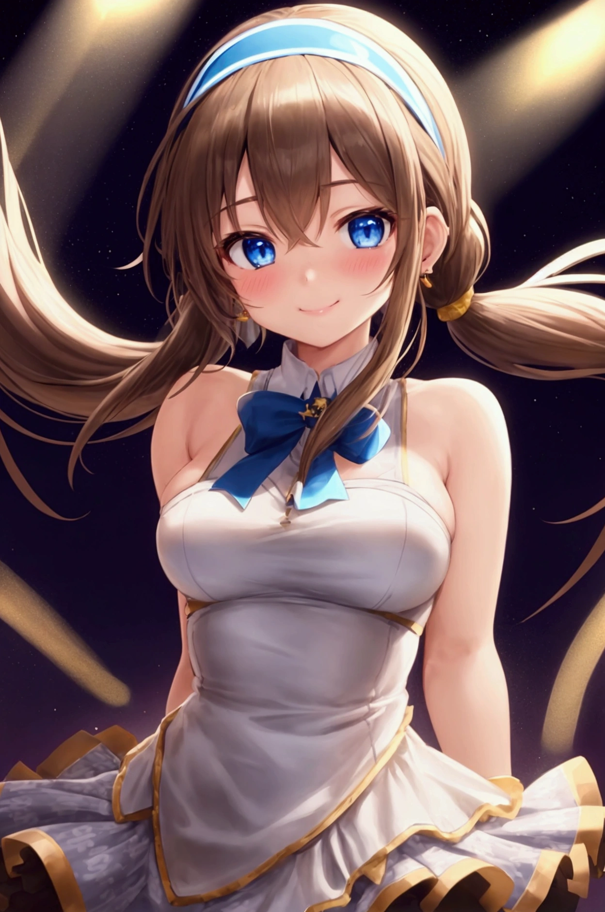 Solo, 1 girl, blushing, Twintail, brown hair, big breasts, earring, smile, blue eyes, blushing, Cowboy camera angle, headband, Twinkling light, Silhouette, abstract, high resolution, precise, Masterpiece, Anatomically correct, best quality, Highly detailed, 