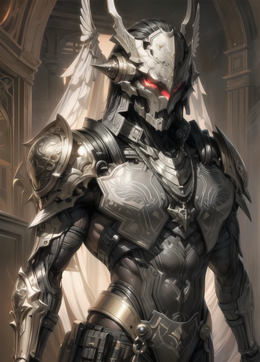 An epic and visually stunning digital artwork featuring a masculine male cyborg with an elegant full helmet that hides his facial features., With a flat, masculine chest and a smooth, neutral physique.. The character is decorated in a heavy dieselpunk style with a heavy metal aesthetic.., Apply eye shadow to add interest. The image shows the beauty and elegance of the character.., A person wearing mechanical armor. The character has bright, sharp orange eyes that stand out against the pure white armor plating... The armor is ornately engraved and resembles a trench coat with armor.., Mechanical muscle arms add a unique look..