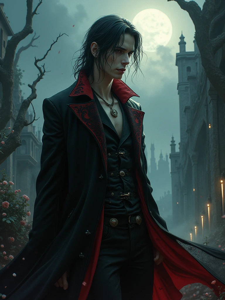 ((32k UHD high detailed, 16k HDR cinematic art)) *a painting of a a cape, castelvania, male vampire, castlevania inspired, castlevania, the sandman from graphic novel, style of yoshitaka amano, count dracula, bastien yoshitaka amano, l vampire, handsome male vampire, inspired by amano, by amano RAW photo, (high detailed skin:1.2), 8k uhd, dslr, soft lighting, high quality, film grain, Fujifilm XT3* (((More detail)))