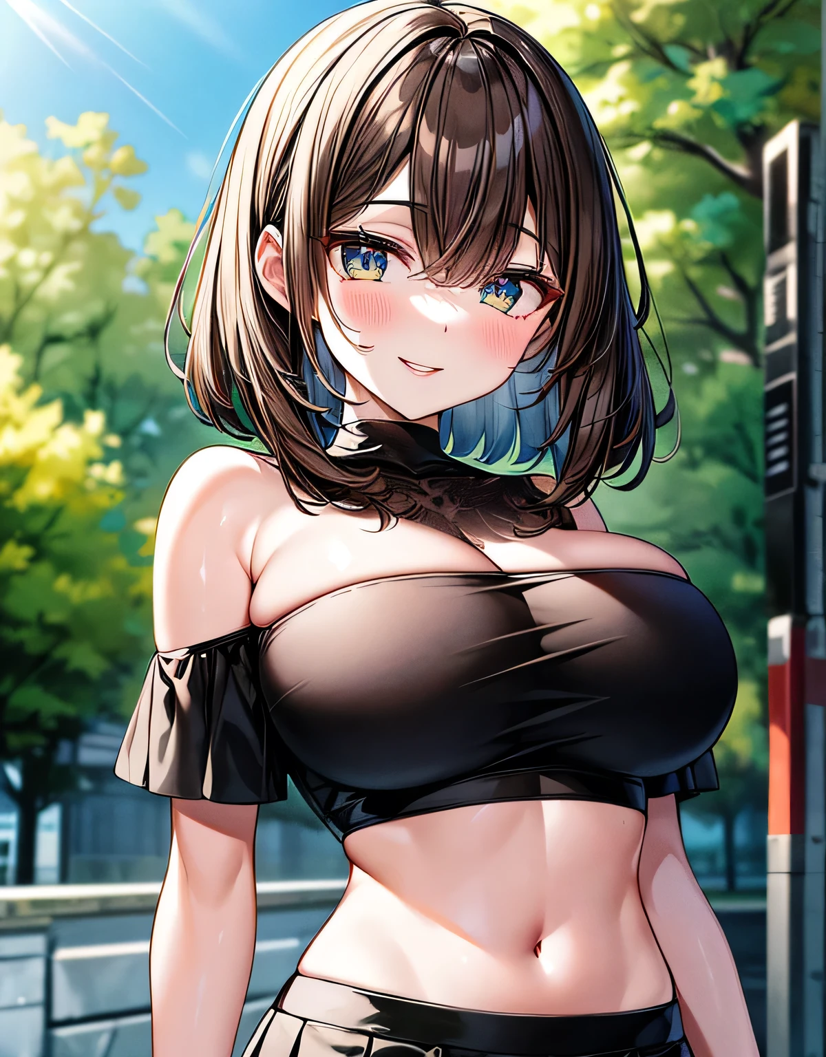 ((Off-the-shoulder black clothing)),skirt,smile,(light brown hair),outdoors,lips,shiny skin,(large breasts:1.55),(shiny,hair),((solo)),((masterpiece)),((best quality)),perfect anatomy,slim waist,perfect image,8k UHD,(beautiful detailed eyes:1.5),extremely detailed face,standing,(upper body:1.25),(look at the front:1.5),arms behindback,ultra-detailed,absurdres,highres,