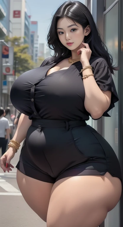 There is a woman posing for a photo wearing a black shirt and gold shorts, beautiful Thick female, Tsk tsk, wide hips, Thick thighs, attractive plus size model, Rubenesque, Thick legs, big thighs, plus size women, 가장 wide hips, Thick body, Thick, Attractive hourglass shape, Attractive models, Arabian-Japanese Goddess , Beautiful attractive woman, slightly fat arms , Wear 5 bracelets, Wear 3 diamond necklaces