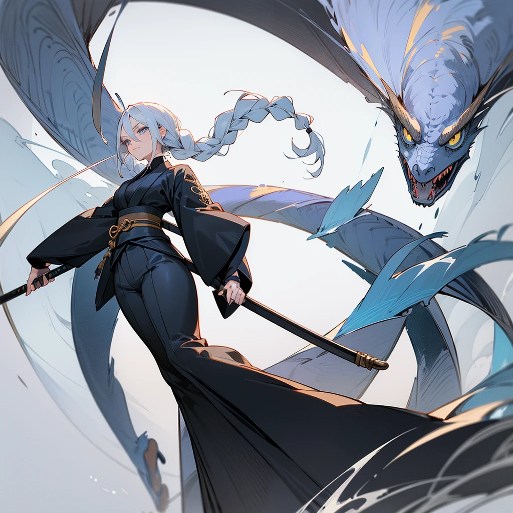 tall woman, Black blue kimono suit with a high collar that has an eye and swirl symbol, loose pants , blue eyes, White hair, long white eyelashes, turtle neck(( 12cm heels)) tall black,  body, dark round cravings, Long hair, with braids, ((naginata weapon)) Japanese anime style drawing, Whole body, dragon in the background and a large eagle 