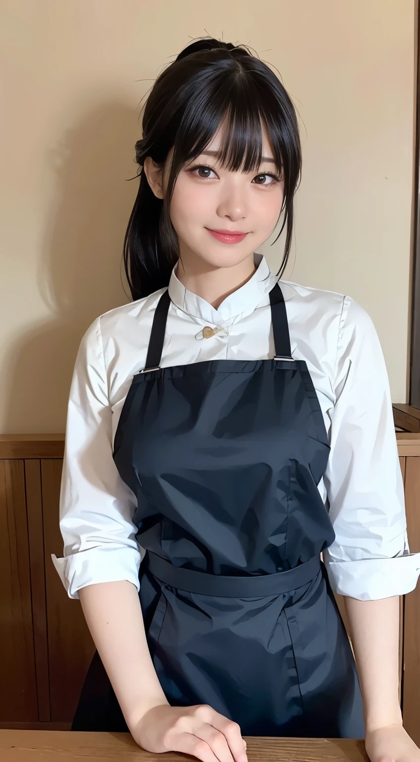 (Highest quality,masterpiece:1.3,Ultra-high resolution,),(Very detailedな,Caustics),(Photorealistic:1.4,RAW shooting,)Ultra-Realistic Capture,Very detailed,High resolution 16K human skin closeup。 Natural skin texture、,Pores、、、、It must be detailed enough to be easily identifiable。 Skin tone is even and healthy looking。 Use natural light and colour,restaurant,Waitress Uniform,1 girl,Japanese,1,cute,Black-haired,ponytail,Big Breasts,smile,Turn your body forward,(Front view:1.1),Looking at the camera,Cowboy Shot,
