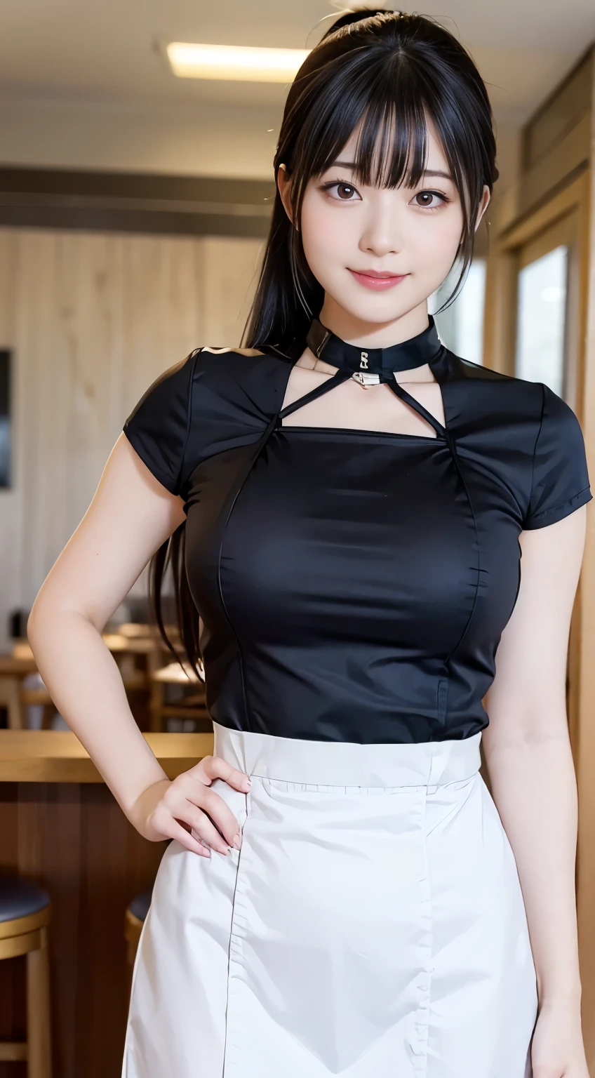 (Highest quality,masterpiece:1.3,Ultra-high resolution,),(Very detailedな,Caustics),(Photorealistic:1.4,RAW shooting,)Ultra-Realistic Capture,Very detailed,High resolution 16K human skin closeup。 Natural skin texture、,Pores、、、、It must be detailed enough to be easily identifiable。 Skin tone is even and healthy looking。 Use natural light and colour,restaurant,Waitress Uniform,1 girl,Japanese,1,cute,Black-haired,ponytail,Big Breasts,smile,Turn your body forward,(Front view:1.1),Looking at the camera,Cowboy Shot,