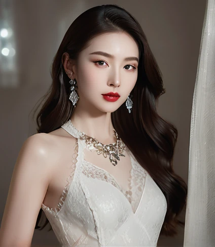 (a beautiful detailed young woman with long slender legs, a delicate and gentle demeanor, imperial sister queen-like temperament, white porcelain skin, perfect facial features, bright captivating eyes, red full lips, soft shiny long hair, wearing a sheer lace and net evening dress with skin visible through the fabric, diamond earrings, ruby necklace, posing with a heroic and beautiful expression, characters fill the frame, realistic detailed portraits, high quality 8k image, professional lighting and rendering, best quality, masterpiece, close-up shot, medium shot, cowboy shot, sfw)