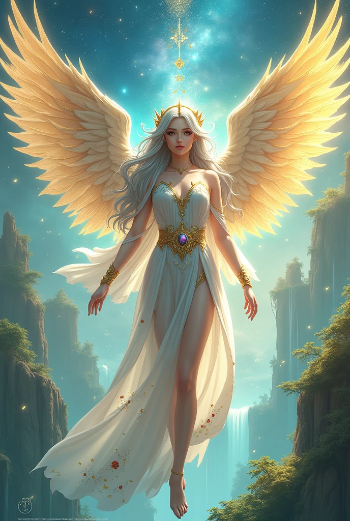 ****Wings: Symmetrical angel wings extending from the back, with a mix of gold, blue, and green (1:1.8)****
****Color: Gold (Main 1), Blue (Main 2), Green (Main 3), Emerald Green, Light Blue, Yellow, Silver, Deep Red, Purple, Orange, Pink (1:1.4)****
****Theme: The one who blesses and protects this puppet until the end of destiny (1:2.0)****
********
Quality: Masterpiece, ultra-detailed, an extremely delicate and beautiful, detailed beautiful face and eyes, perfect hands, natural pose, smooth skin, accurate anatomy, ideal ratio body proportions, realistic fingers, golden ratio 1.5
Resolution: Ultra high resolution, high Saturation:1.5, HD, 4K, 8K, 16K, color bit depth 24-bit, 48-bit
Special: Cute illustration:1.6, abstract, hyper-realistic, ultra detailed illustration
Number of characters: Ultra-ultimate beautiful one woman
Atmosphere: Serene and ethereal, with a touch of mysticism
Style: Realistic fantasy with intricate details
Power Words: Artistic and ultimate, strongest and perfect, extraordinary, groundbreaking, astonishing, overwhelming, original, pioneering, innovative
Sub-theme: Details and beauty beyond reality, clear boundaries, extremely detailed and beautiful
Worldview: A celestial realm with floating islands and shimmering waterfalls
Additional Elements: Glowing runes and magical particles surrounding the character
Score_9, Score_8_up, Score_7_up, Source_anime
Movement Details: Graceful and fluid, as if in mid-flight
Emotion and Expression: Calm and serene, with a gentle smile
Perspective: Slightly elevated, looking down at the character
Composition: Central composition with the character as the focal point
Background Details: A celestial realm with floating islands, shimmering waterfalls, and a starry sky
Costume Details: Flowing robes with intricate patterns and golden accents
Body Type: Slender and elegant, with well-defined muscles
Hairstyle and Color: Long, flowing hair in shades of silver and blue
Poss