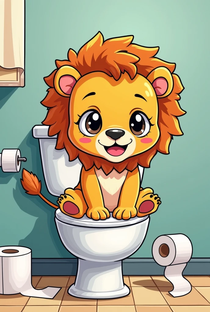 Comic lion child sitting on the toilet with toilet paper in his hand