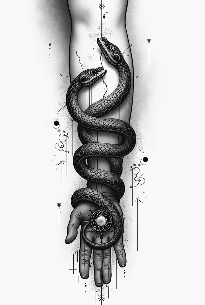  it&#39;s blackwork, but free, I want to make an ouroboros that looks like a bracelet on my forearm.  The snakes&#39; heads are on the back of the arm and cross behind. A head swallowing a tail from left to right,   and below with the head from right to left swallowing the other tail. Among them I wanted some reference to the moon and tarot cards.


