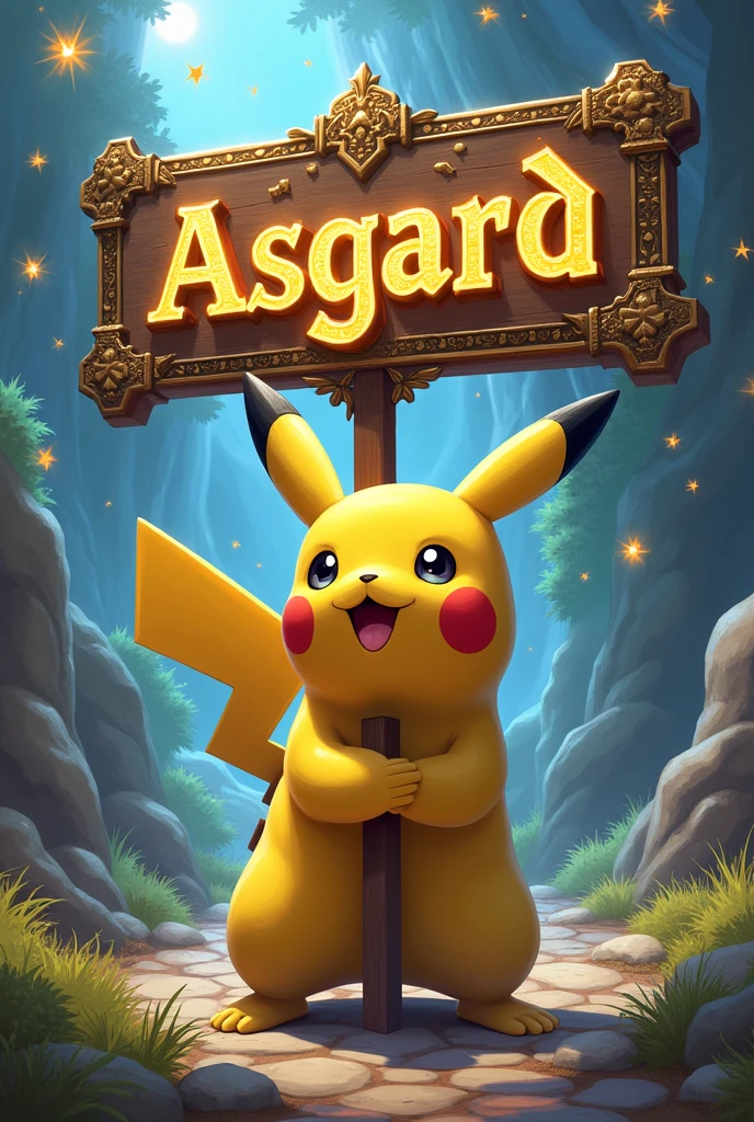 PIKACHU HOLDING A VERY NICE SIGN WITH THE NAME ASGARD ON IT 