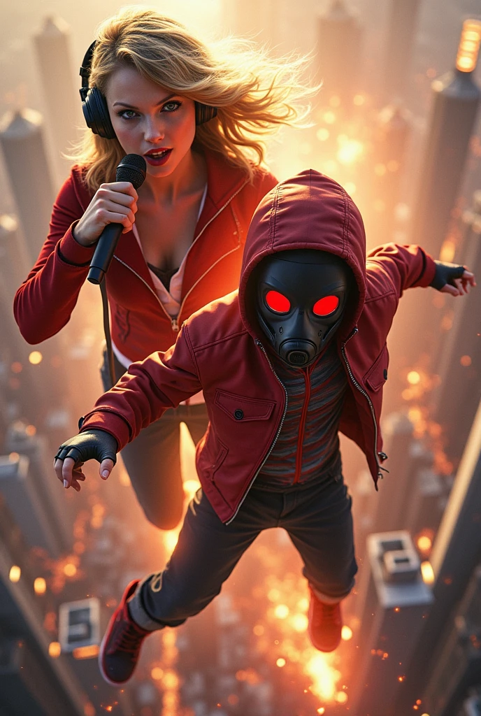 Taylor swift, realistic, big breasts, microphone, full body & Youg boy with red hoodie, headphones, Star-lord helmet, rocket boots, gas helmet, covered mouth, round red, eyes, front cover, Kid Star-lord with red hoodie, star-lord helmet, gas helmet, covered mouth, round red eyes, Red eyes, magic rings in the hands and rocket boots, Fighting, power, fiction, 2 persons, magic lasso, hight, fall, DJ, view of the city from above, flying in the sky, capa roja, fuego debajo de los zapatos.