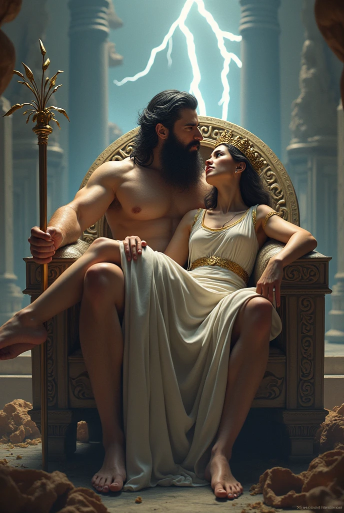 Zeus on throne, with Goddess Hera laying on his lap. Wearing greece clothes, both in Olympus. Dark hair. Center of picture, free space over and around the throne. SHARP lightning. Zeus shows a lot of skin. Hera has a gold crown, and a  long wand, with a flower on the end. Zeus' thunderbolt needs to be in the picture