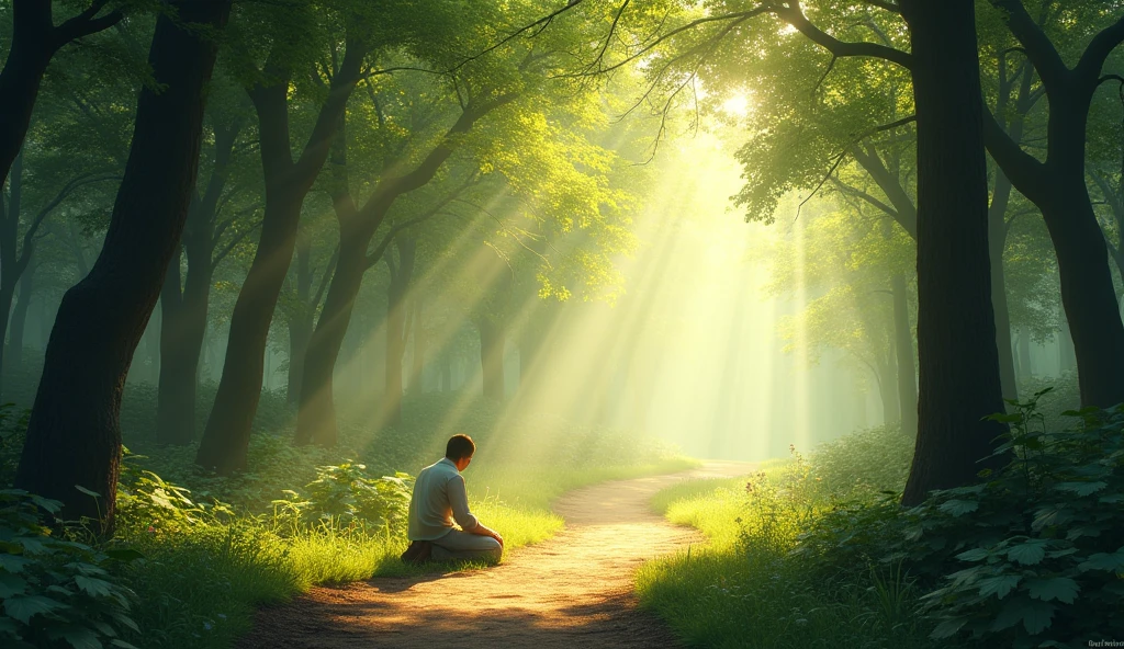 A viral social media image depicting a serene, sunlit forest path with soft rays of light filtering through the trees, leading to a peaceful, secluded spot where a person kneels in prayer, surrounded by calming nature.








