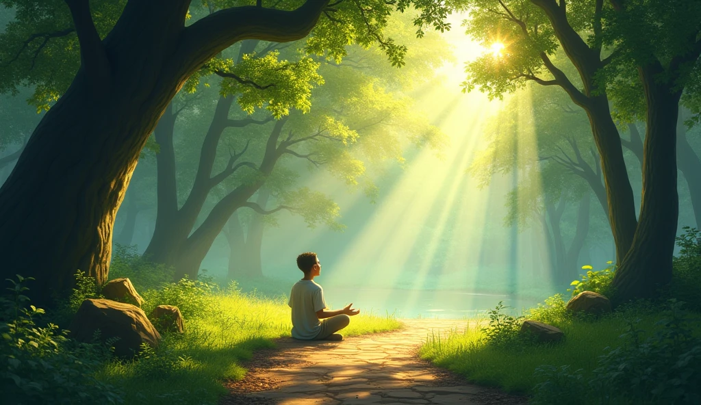 A viral social media image depicting a serene, sunlit forest path with soft rays of light filtering through the trees, leading to a peaceful, secluded spot where a person kneels in prayer, surrounded by calming nature.