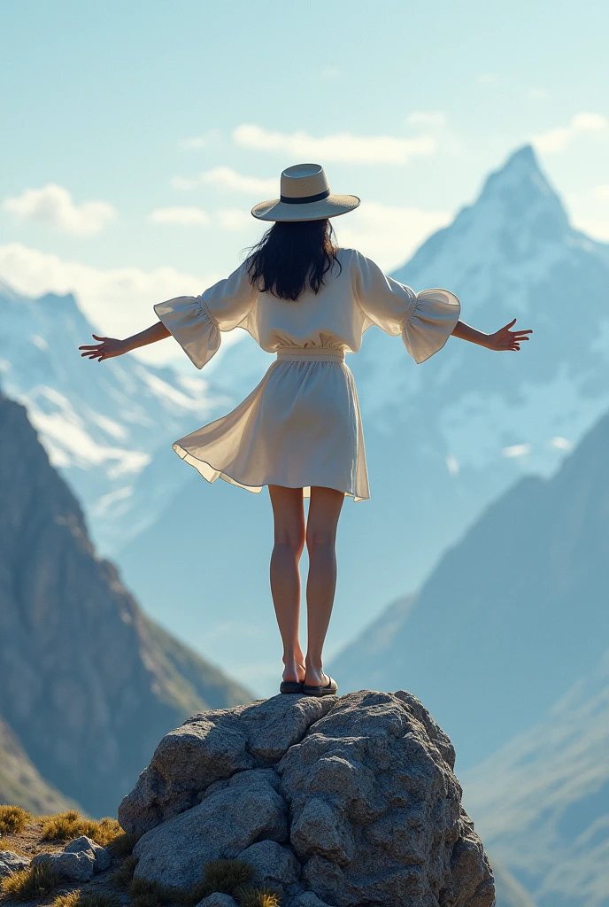 girl, whole body,Standing on a rock with arms outstretched,Neat profile,hat,The surrounding area is at an altitude of 2,500m mountain,A high proportion of landscapes