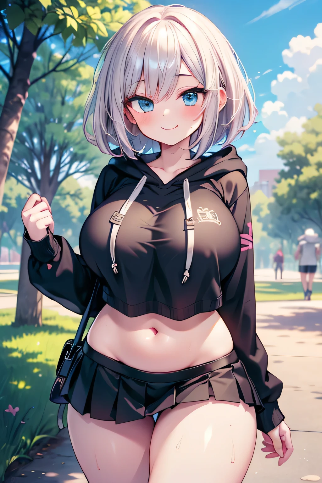 One Girl, alone, Big eyes, Wicked Smile,hoodie, Pleated mini skirt, White Hair, (JK:1.2), Underboob, Attractive breasts、Waistline、