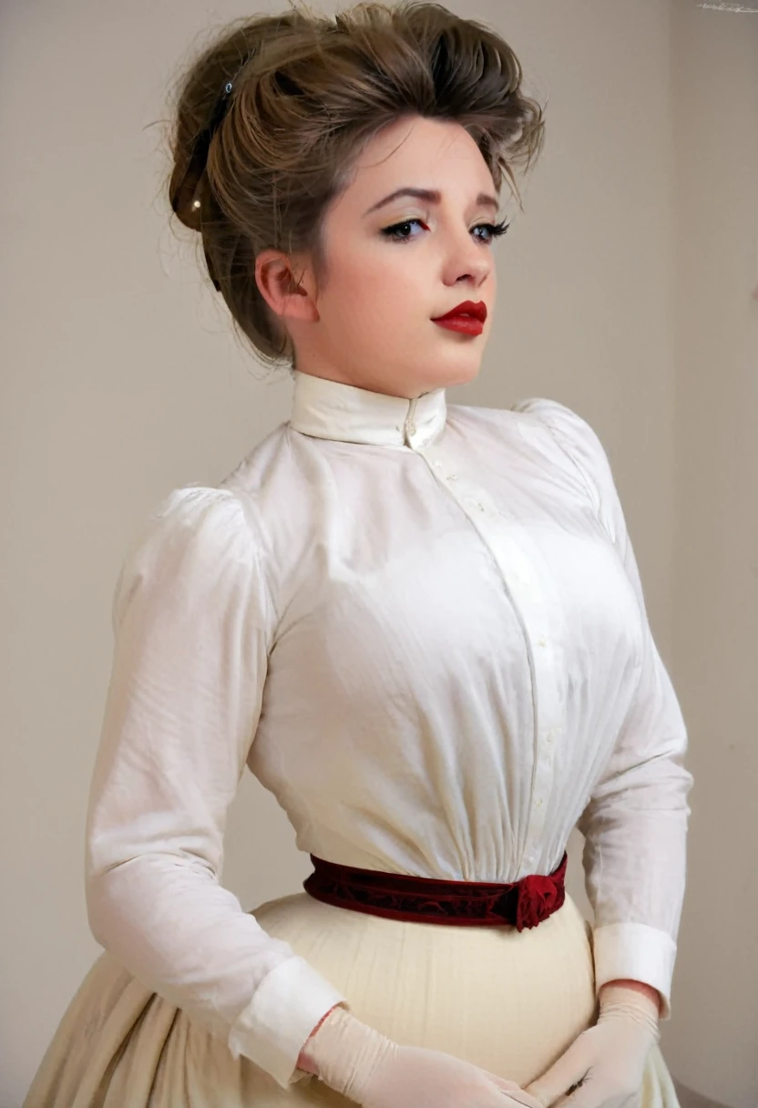 (((NSFW))). A sexy yo ginger Gibson Girl (((sodomized by a horny 69yo gentleman:1.5))). Year 1900. 1900_dr3ss. White high-collar long sleeve shirtwaist, large hat, silk gloves, floor-length high-waisted skirt, petticoats, silk stockings, boots. Thotty demeanor. Hourglass figure. Large chest, 9in wasp waist, bubble butt. Gibson Girl updo, gorgeous face, red lips. Edwardian setting. Side view.