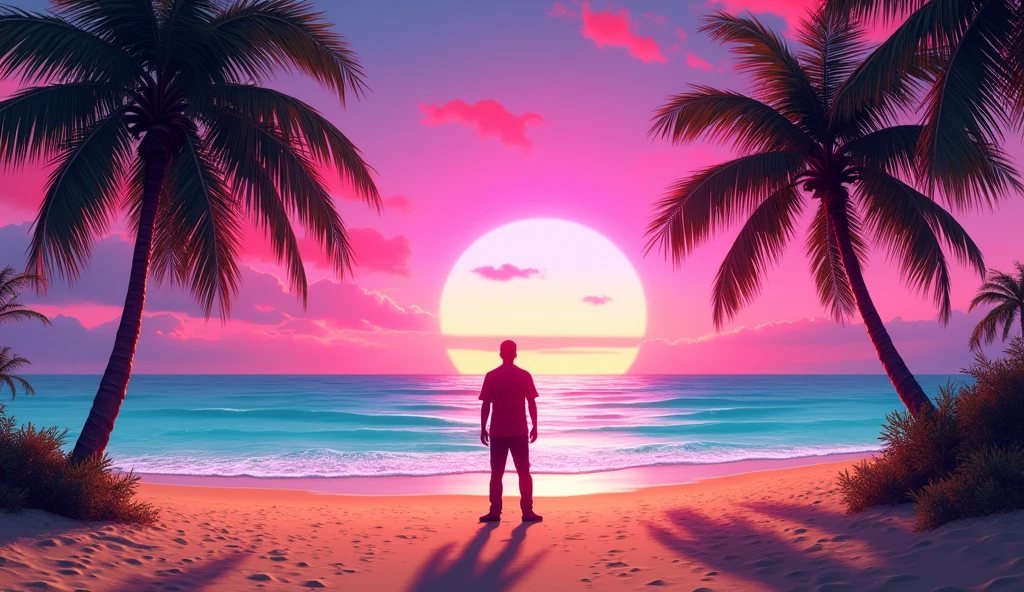 Vice City GTA, pink sky background with palm trees and a beach on the horizon