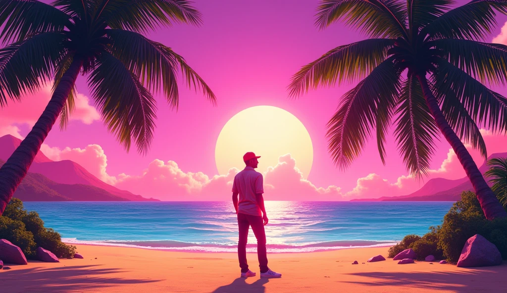 Vice City GTA, pink sky background with palm trees and a beach on the horizon