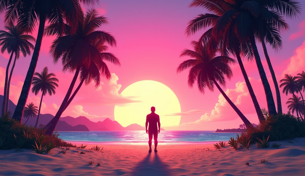 Vice City GTA, pink sky background with palm trees and a beach on the horizon