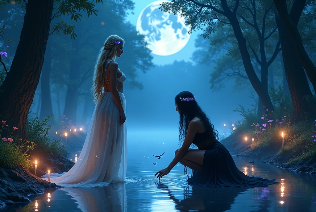 In a dense, mystical forest with towering ancient trees, faint blue mist wafts through the air. Two divine beings stand in an enchanted clearing, surrounded by vibrant, bioluminescent flowers that cast a gentle glow on the water below. The twin moons shine brightly above, their light filtering through the dense canopy. The first protagonist, a Nordic goddess, faces the horizon, her long, golden hair braided and adorned with glowing blue crystals. Her slender, curvaceous figure is accentuated by an ethereal, translucent silk gown that clings to her voluptuous body, revealing her toned legs and flat, defined abdomen. Her large, firm bust and wide, sculpted back are perfectly framed by the gown, and her bare feet gently touch the water, creating ripples that reflect her divine image. The second protagonist, a divine sorceress with medium brown skin, kneels near the water, her long, wavy black hair cascading down her back. Her bright purple eyes emit a magical, seductive aura as she delicately reaches out to touch the water. She wears a black, transparent, ethereal silk outfit that accentuates her voluptuous curves, large, firm breasts, and pronounced hips. A small, radiant tiara rests on her head, adding to her mystical allure. In the background, tiny dragons glide through the air, their reflections dancing on the water. Candles float gently on the surface, illuminating the scene with a soft, warm light, while the full moons cast a silvery glow over the entire landscape. The entire scene is a harmonious blend of epic, divine, and sensual elements, capturing the essence of a fantastical world where magic and mystery reign supreme.